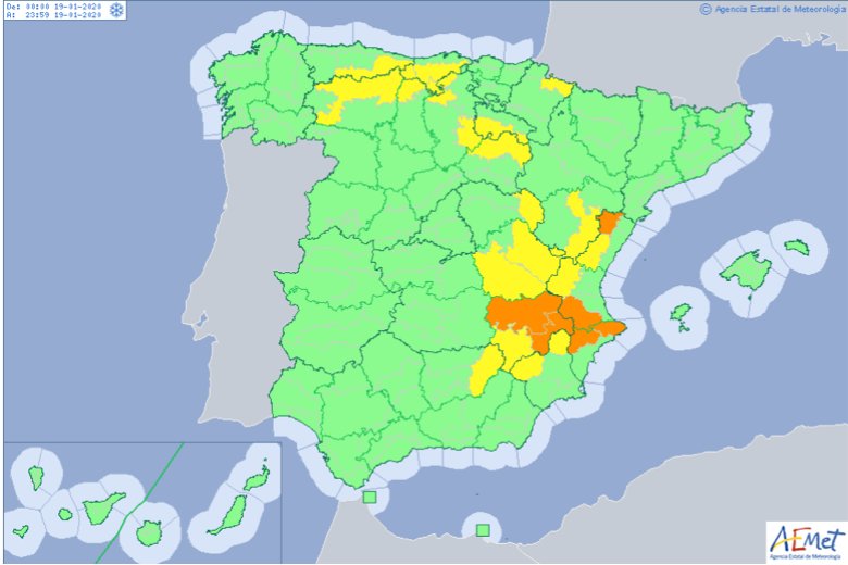 Previsiones climáticas, con la zona naranja como la de mayor riesgo